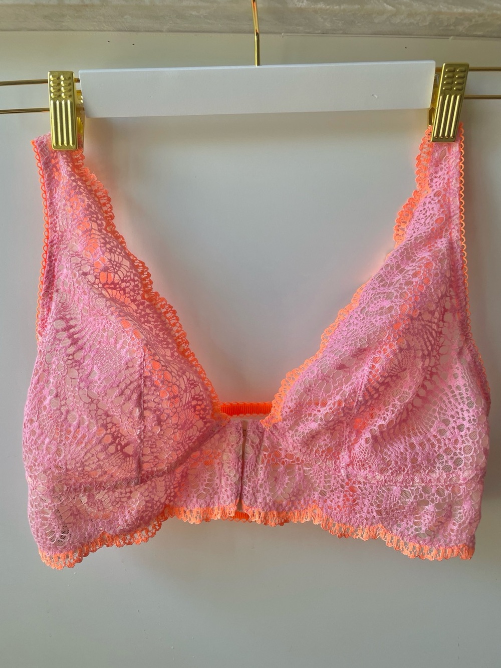 New Pink Lace plunge Bralette cage cut back Neon Orange Trim no Wire front close